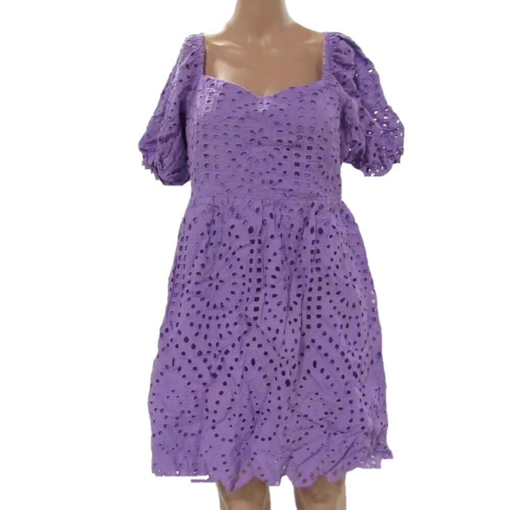NEW ENGLISH FACTORY Womens Eyelet Scallop Edge Mini Dress Purple Size L
